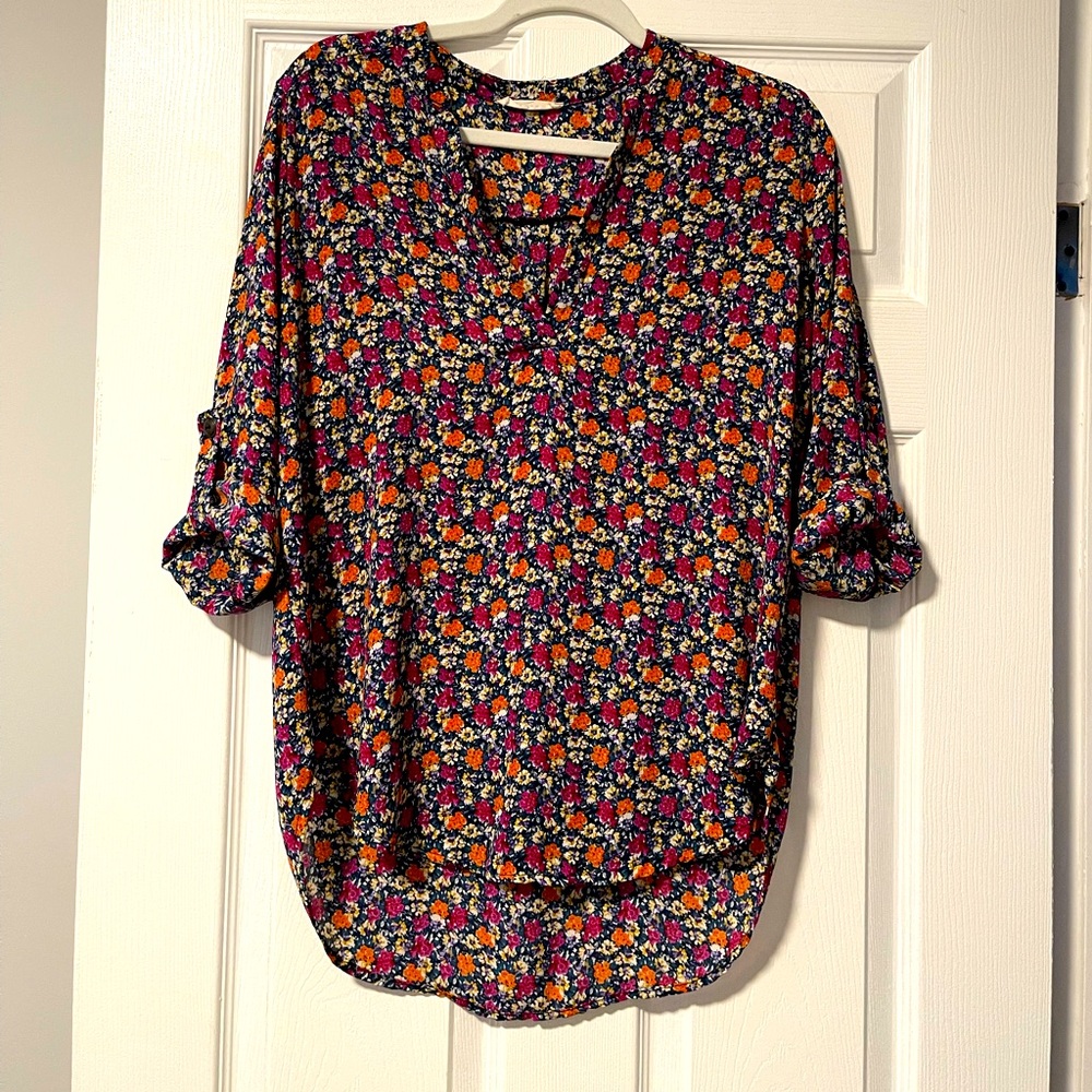 Lush multi color (navy, orange, magenta, cream) floral roll tab blouse - size M